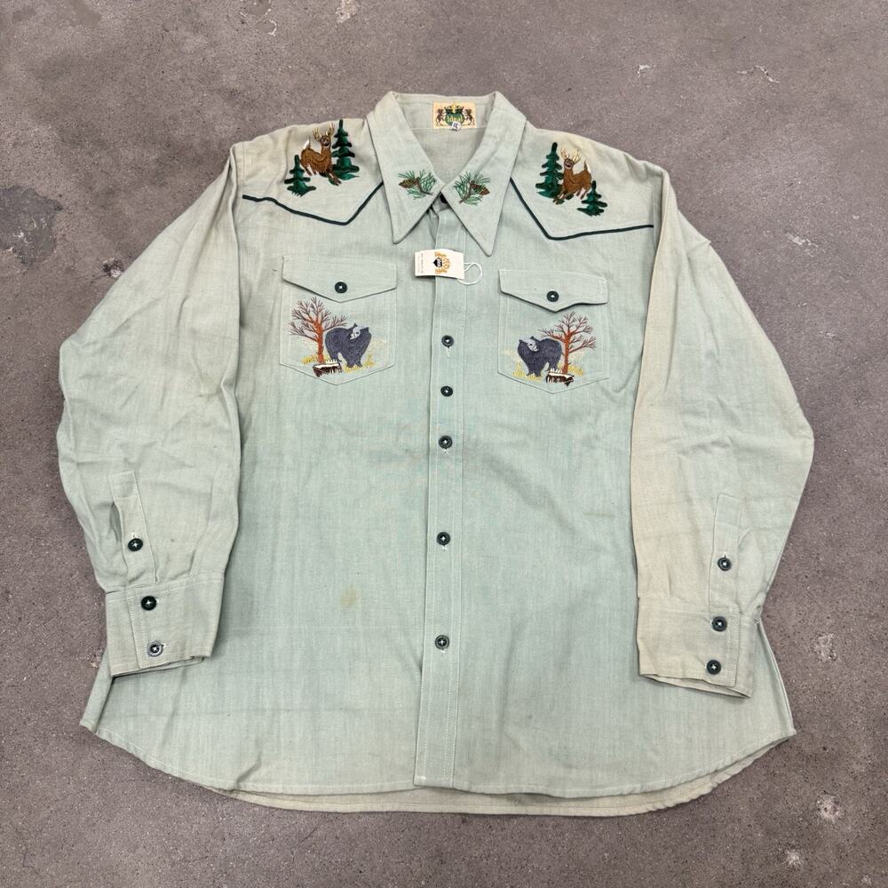 BRAND NEW VINTAGE IDEAL EMBROIDERED DEER NATURE BUTTON UP SHIRT GREEN MENS XL